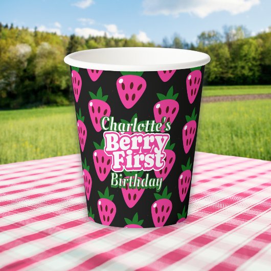 Pink and Black Strawberry Berry First Birthday Pappbecher