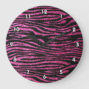 Pink and Black Zebra Print bling (faux glitter) Große Wanduhr