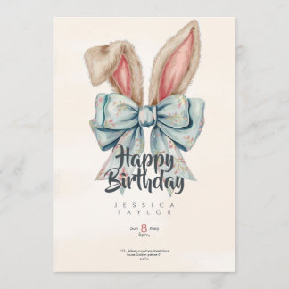 Pink and blue Bunny bow Birthday invitation Einladung