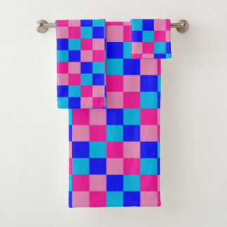 Pink and Blue Checkered Print Badhandtuch Set