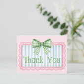 Pink and Blue Frame Green Gingham Bow Thank You Postkarte (Stehend Vorderseite)