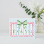 Pink and Blue Frame Green Gingham Bow Thank You Postkarte (Stehend Vorderseite)