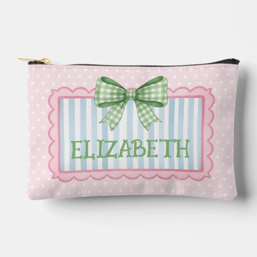 Pink and Blue Frame Green Gingham Bow Zubehörtasche (Vorderseite)