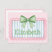 Pink and Blue Frame With Green Gingham Bow Mitteilungskarte (Vorne/Hinten)