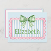 Pink and Blue Frame With Green Gingham Bow Mitteilungskarte (Vorne/Hinten)