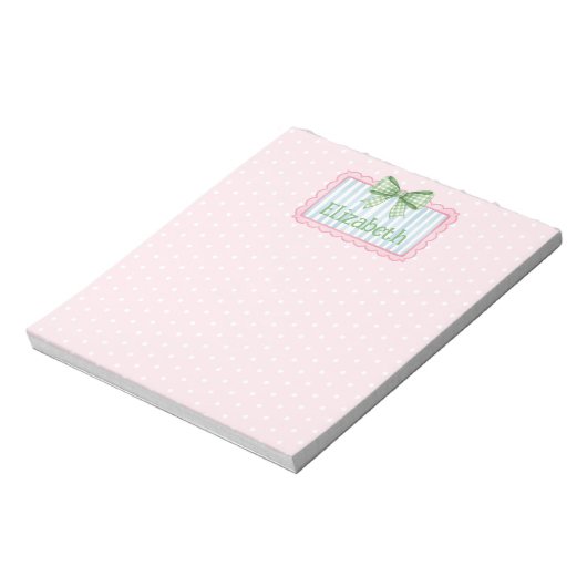 Pink and Blue Frame With Green Gingham Bow Notizblock (Rotiert)