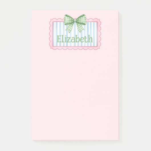 Pink and Blue Frame With Green Gingham Bow Post-it Klebezettel (Vorderseite)