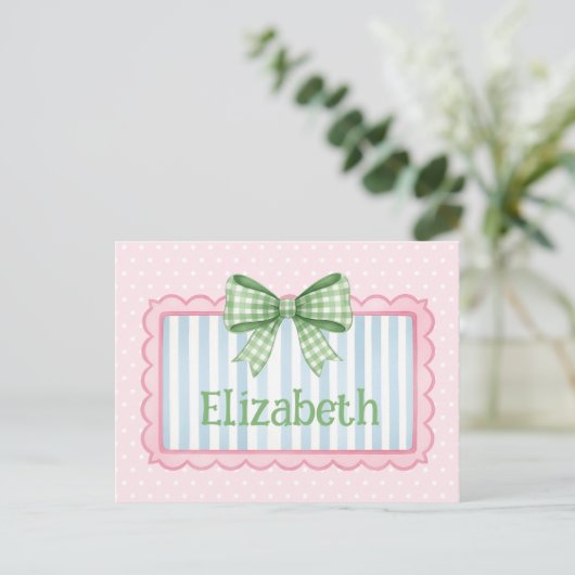 Pink and Blue Frame With Green Gingham Bow Postkarte (Stehend Vorderseite)