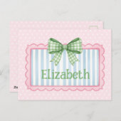 Pink and Blue Frame With Green Gingham Bow Postkarte (Vorne/Hinten)