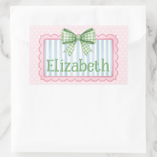 Pink and Blue Frame With Green Gingham Bow Rechteckiger Aufkleber (Tasche)