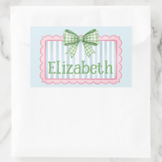 Pink and Blue Frame With Green Gingham Bow Rechteckiger Aufkleber (Tasche)