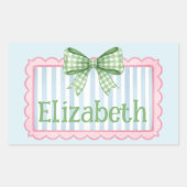 Pink and Blue Frame With Green Gingham Bow Rechteckiger Aufkleber (Vorderseite)