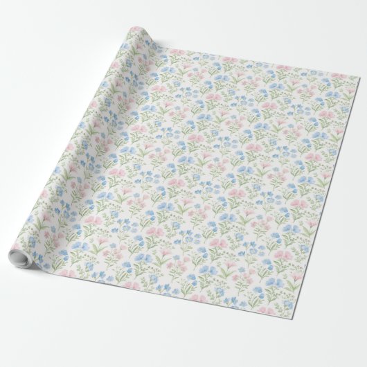 Pink and Blue Grandmillennial Floral Geschenkpapier (Ungerollt)