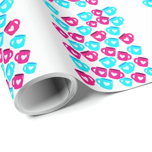 Pink and Blue Heart Cups Pattern Geschenkpapier (Rolleneckpunkt)