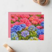 Pink and Blue Hydrangea Flowers Note Card Set Mitteilungskarte (Vorderseite/Rückseite Beispiel)