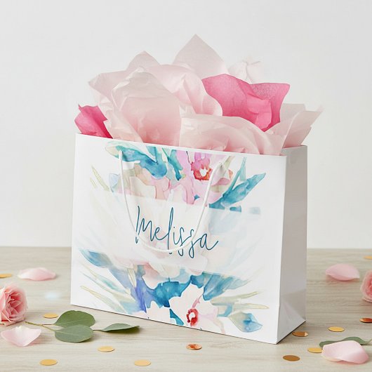 Pink and blue watercolor floral personalized große geschenktüte