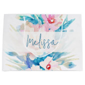 Pink and blue watercolor floral personalized große geschenktüte (Vorderseite)