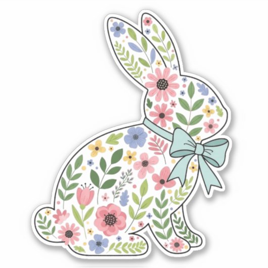 Pink and Blue Wildflower Easter Rabbit Aufkleber (Vorderseite)