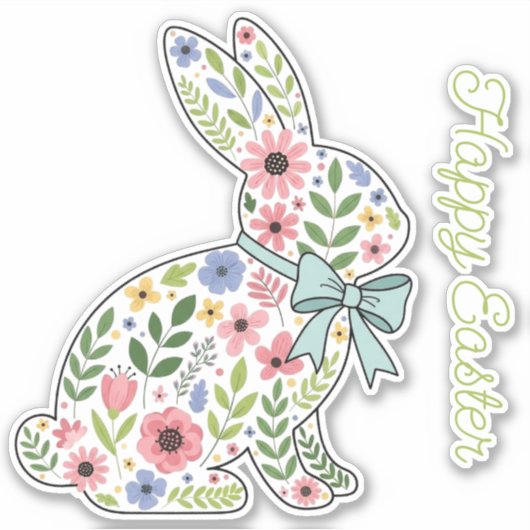 Pink and Blue Wildflower Easter Rabbit Aufkleber (Vorderseite)