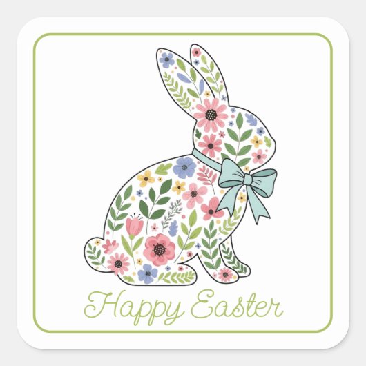 Pink and Blue Wildflower Easter Rabbit Quadratischer Aufkleber (Vorderseite)