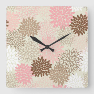 Pink And Brown Mum Pattern Quadratische Wanduhr