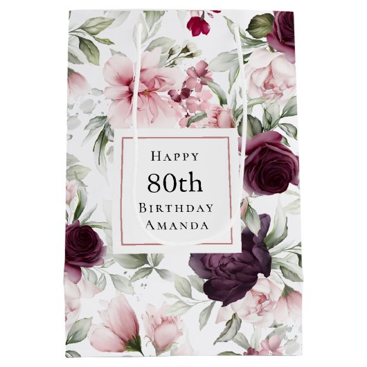 Pink and Burgundy Floral 80th Birthday Mittlere Geschenktüte (Rückseite)