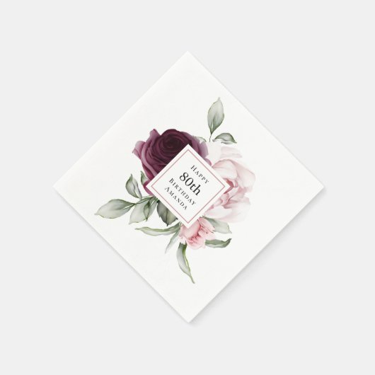 Pink and Burgundy Floral 80th Birthday Serviette (Ecke)