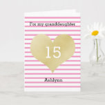 Pink and Gold 15th Birthday Granddaughter Karte<br><div class="desc">Pink and gold 15th birthday granddaughter card with a white and pink striped background. You can easily personalize the age and name on the front of the card. The inside reads a heartfelt message, which can be personalized if wanted. The back of this pretty birthday card mit also feature the...</div>