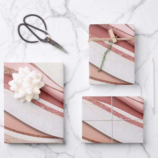 Pink and Gold Abstract Glitter Waves Wrapping Pape Geschenkpapier Set (Vorderseite)
