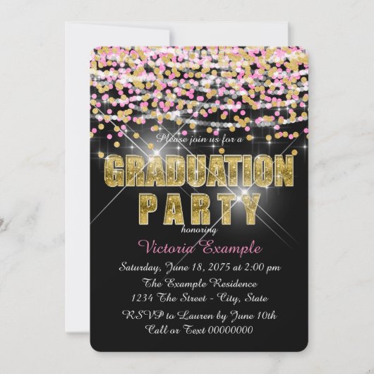 Pink and Gold Confetti Glitzer Graduation Party Einladung (Vorderseite)