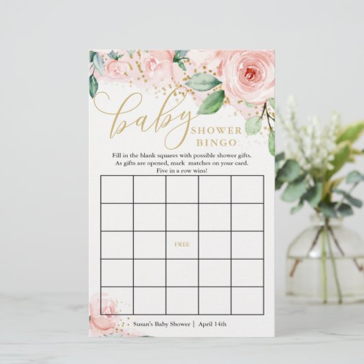Pink and Gold Floral Baby Showcard Bingo Game Card (Stehend Vorderseite)
