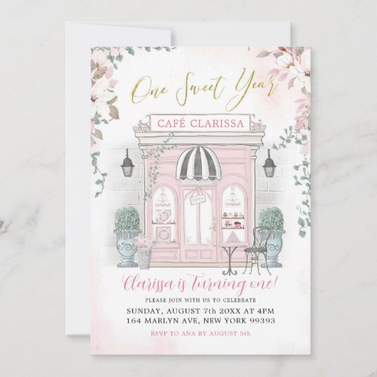 Pink and Gold French Café Patisserie Girl Birthday Einladung (Vorderseite)