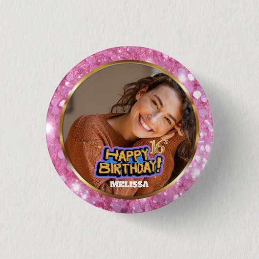 Pink and Gold Glitter Photo Name 16th Birthday Button (Vorderseite)