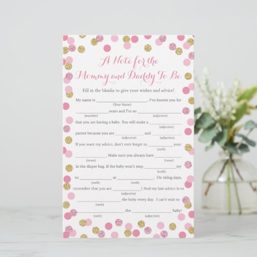 Pink and Gold Glitzer Baby Shower Addon Game Card (Stehend Vorderseite)