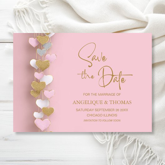 Pink and Gold Hearts Wedding Save the Date