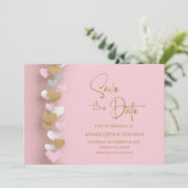 Pink and Gold Hearts Wedding Save the Date (Stehend Vorderseite)