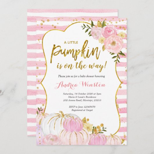 Pink and Gold Pumpkin Baby Dusche Einladung (Vorne/Hinten)