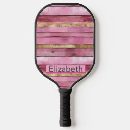 Pink and Gold Rustic Faux Wood Personalized Pickleball Schläger