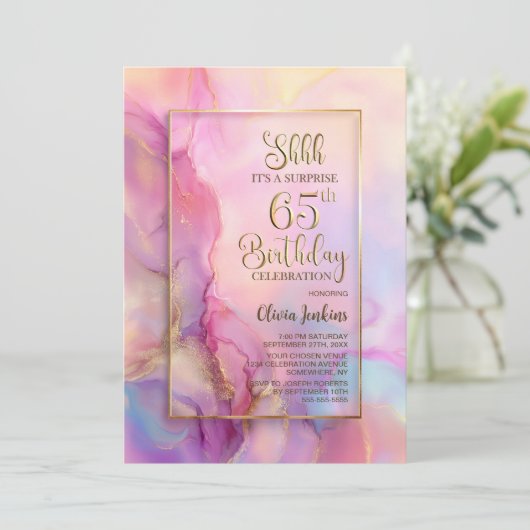 Pink and Gold Surprise 65th Birthday Party Einladung (Stehend Vorderseite)