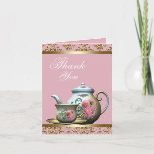 Pink and Gold Teapot and Tea Cup Thank You Cards Dankeskarte