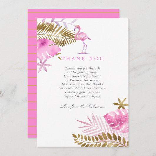 Pink and Gold Tropical Flamingo Baby Dusche Dank Dankeskarte (Vorne/Hinten)