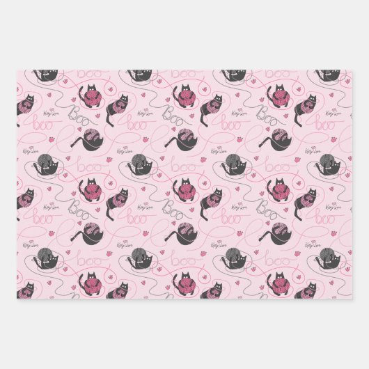 Pink and Gray Spooky Kittens "Kitty Liebe" Geschenkpapier Set (Vorderseite)