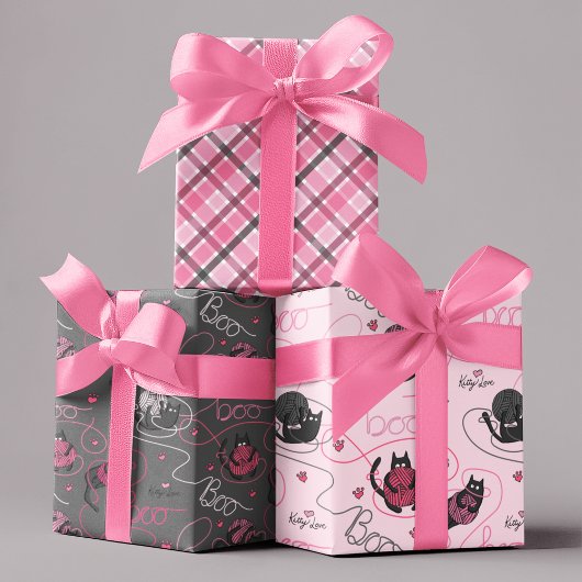 Pink and Gray Spooky Kittens "Kitty Liebe" Geschenkpapier Set