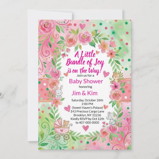 Pink and Green Baby Shower Invitation Einladung (Vorderseite)