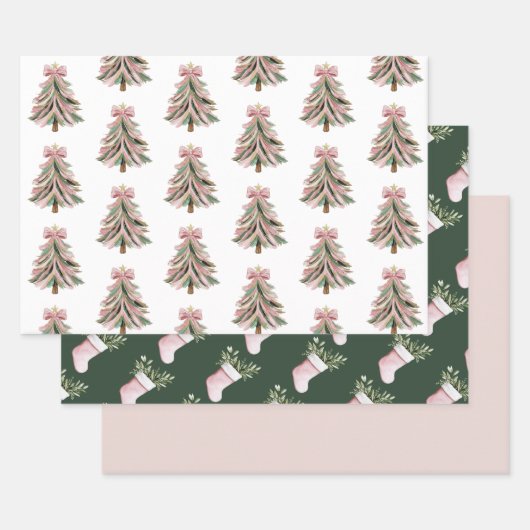 Pink and Green Brushstroke Christmas Flat Wrapping Geschenkpapier Set (Set)
