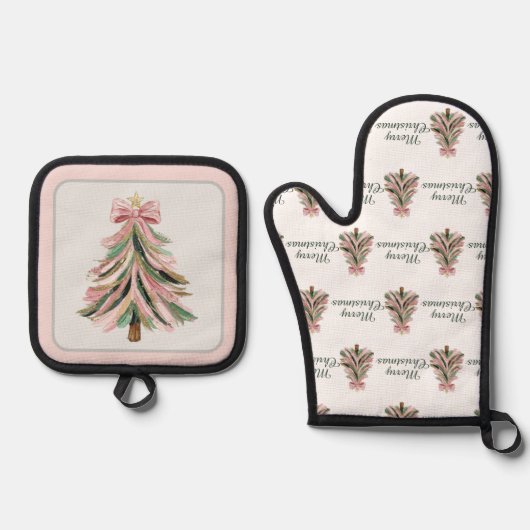 Pink and Green Brushstroke Christmas Tree Ofenhandschuh & Topflappen-Set (Vorderseite)