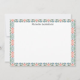 Pink and Green Floral Border Flat Notecard Einladung