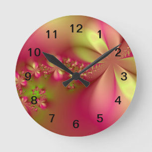 Pink and Green Floral Fractal Wall Clock Runde Wanduhr