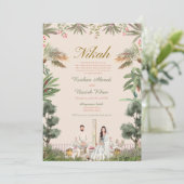 Pink and Green floral muslim wedding Einladung (Stehend Vorderseite)