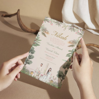 Pink and Green floral muslim wedding Einladung